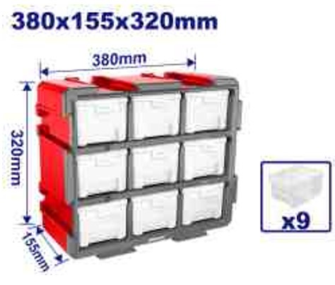 Modular Storage Tower 380x155x320mm, 9 Transparent Bins, Interlocking Wall